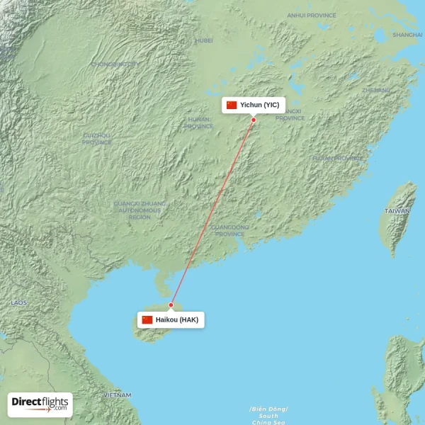Haikou - Yichun direct flight map