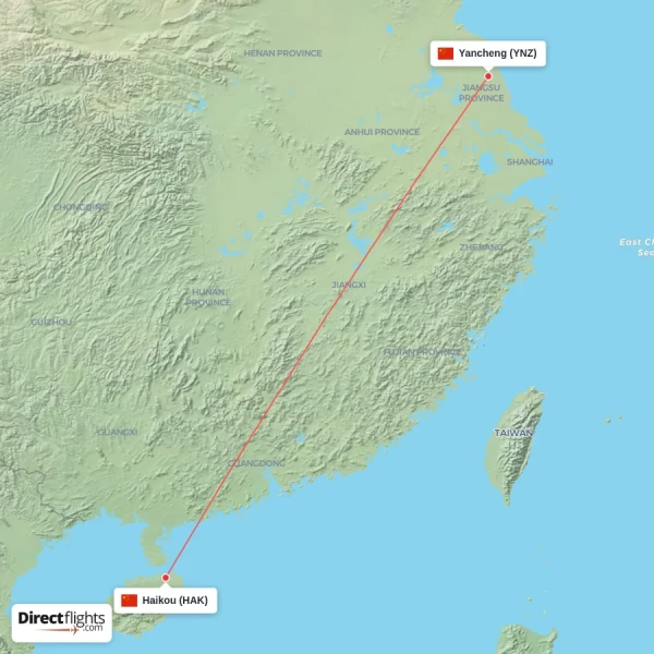Haikou - Yancheng direct flight map
