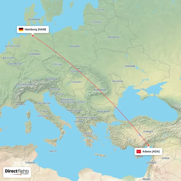Hamburg - Adana direct flight map