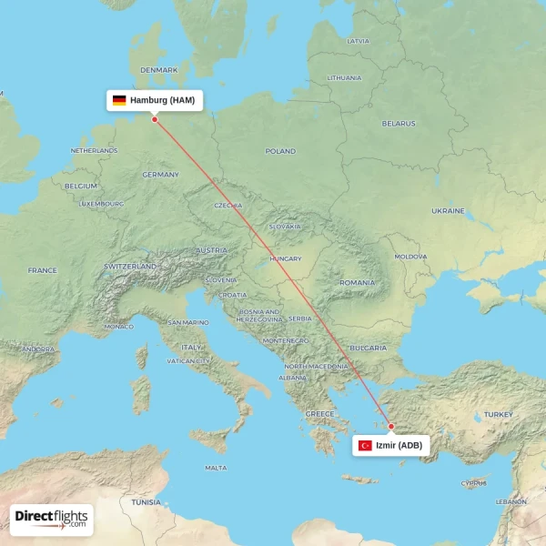 Hamburg - Izmir direct flight map