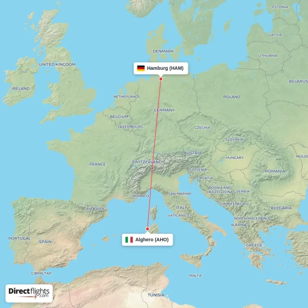 Hamburg - Alghero direct flight map