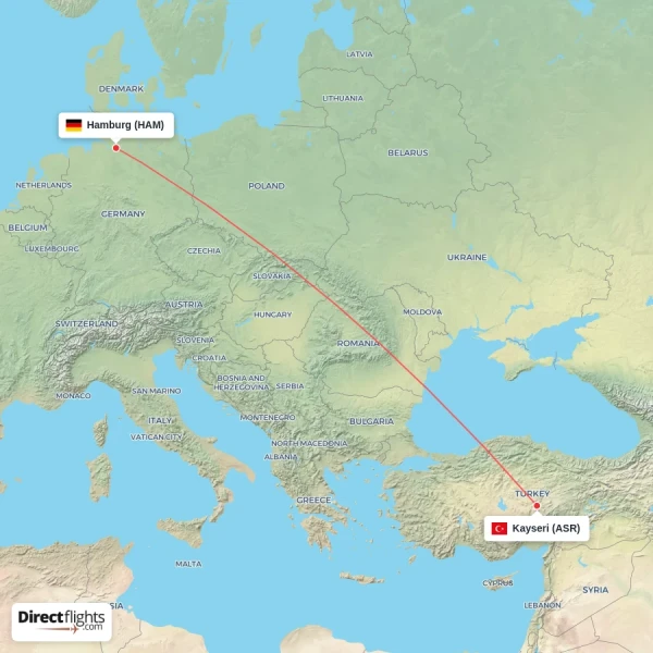 Hamburg - Kayseri direct flight map