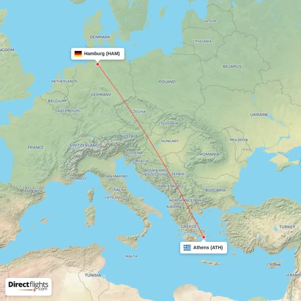 Hamburg - Athens direct flight map