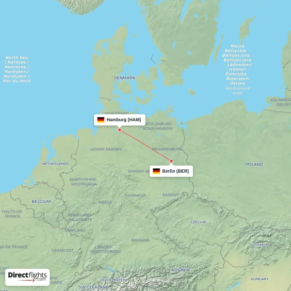 Hamburg - Berlin direct flight map