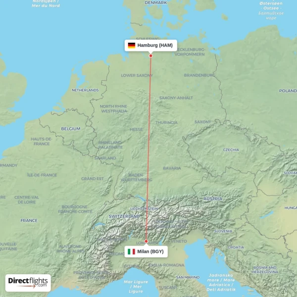 Hamburg - Milan direct flight map