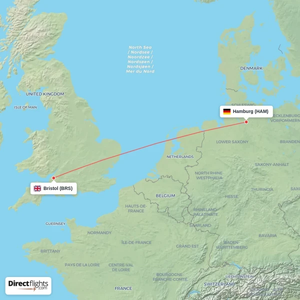 Hamburg - Bristol direct flight map