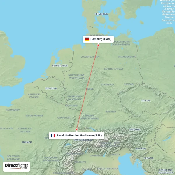 Hamburg - Basel, Switzerland/Mulhouse direct flight map