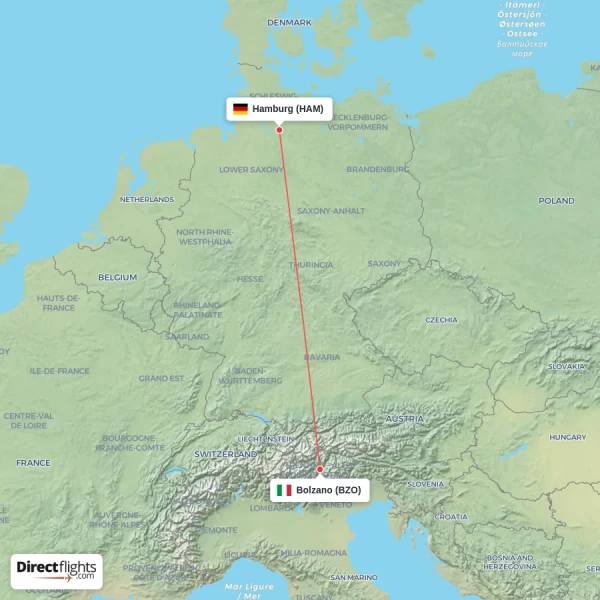 Hamburg - Bolzano direct flight map