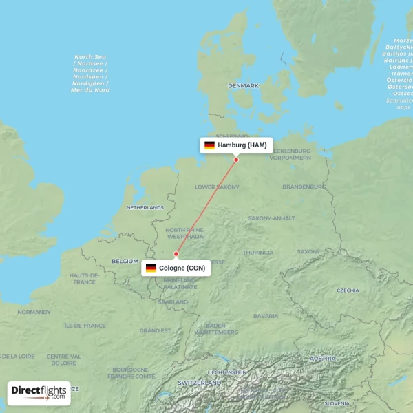 Hamburg - Cologne direct flight map