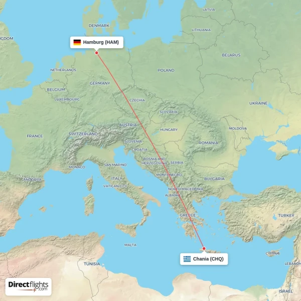 Hamburg - Chania direct flight map