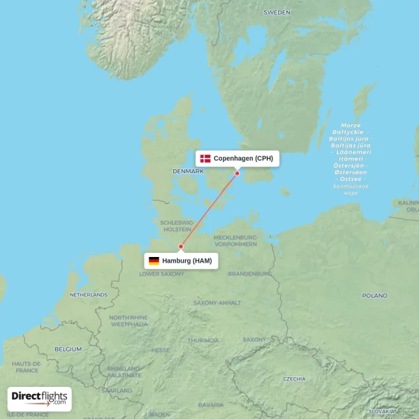 Hamburg - Copenhagen direct flight map