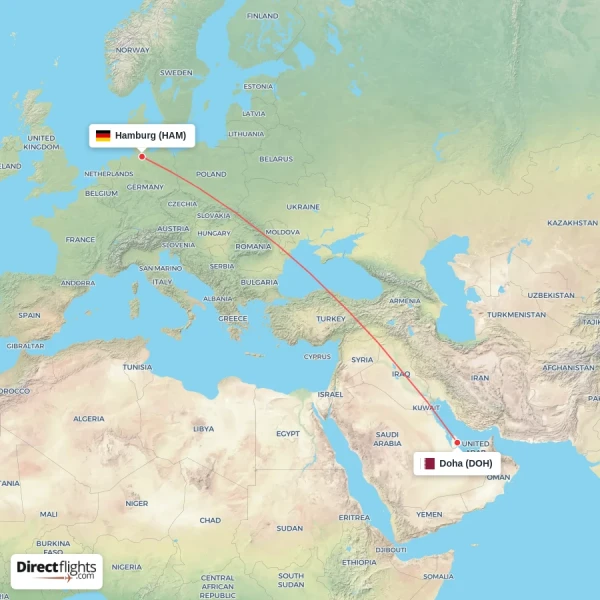 Hamburg - Doha direct flight map