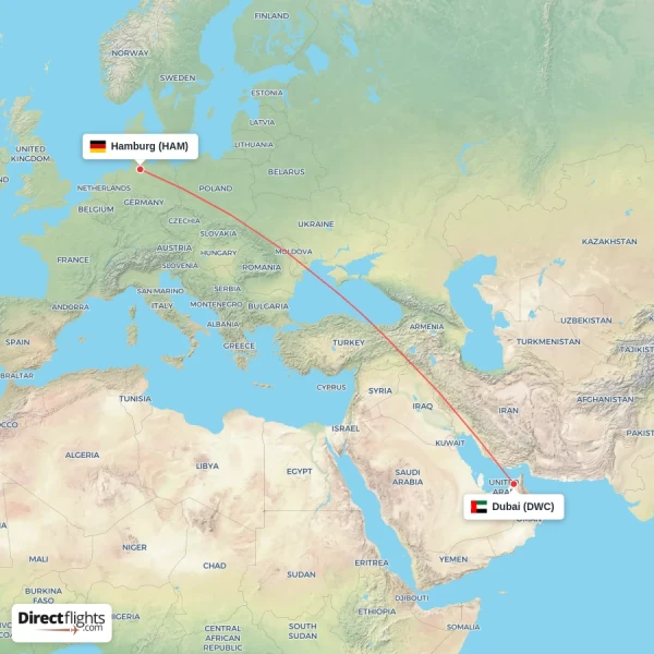 Hamburg - Dubai direct flight map