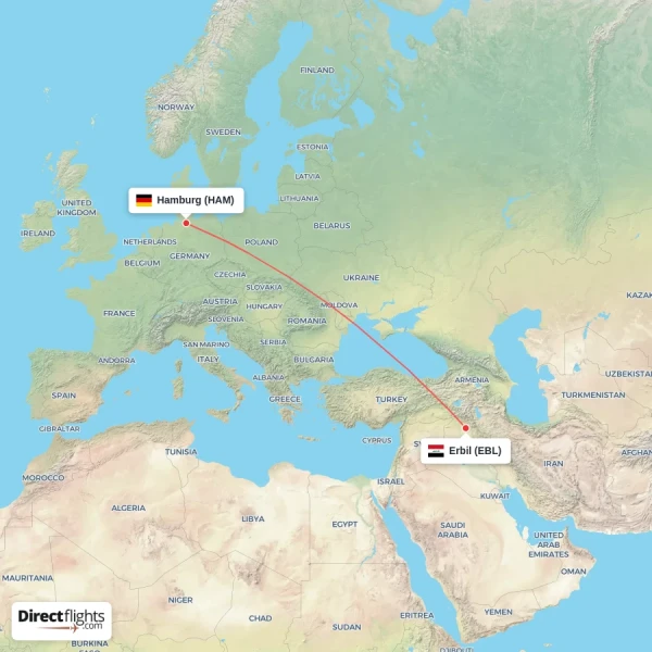 Hamburg - Erbil direct flight map