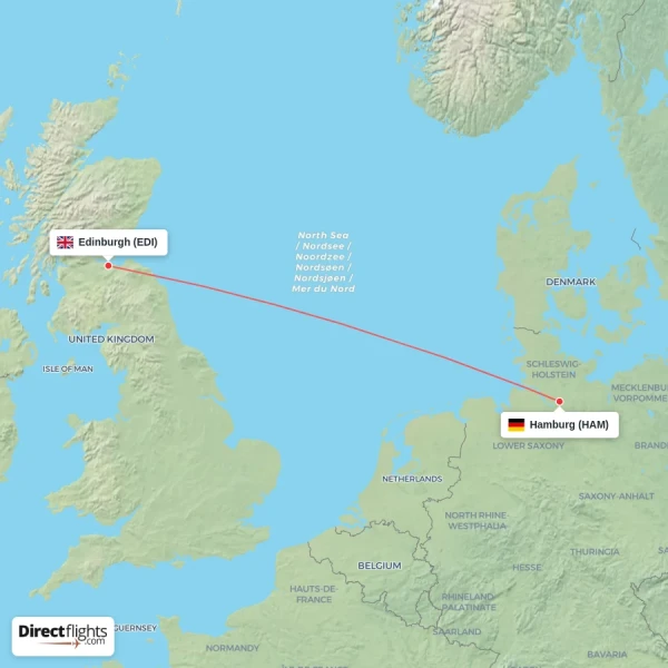 Hamburg - Edinburgh direct flight map