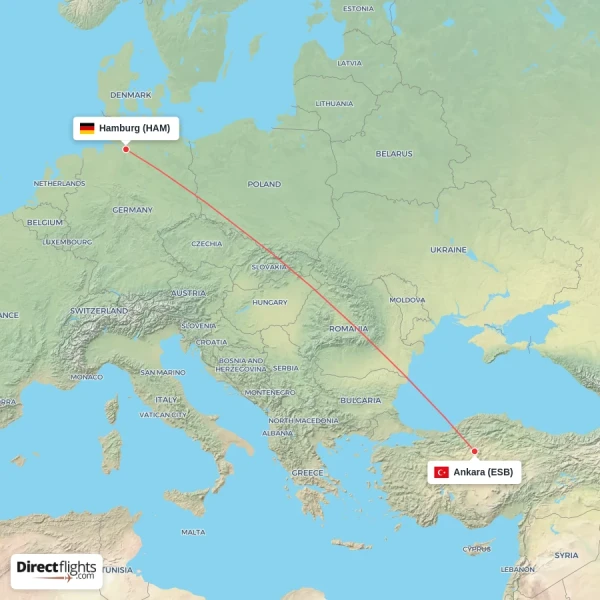 Hamburg - Ankara direct flight map