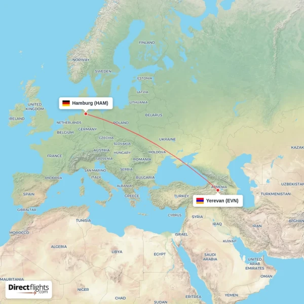 Hamburg - Yerevan direct flight map