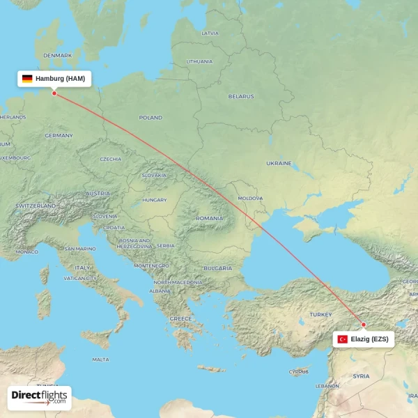 Hamburg - Elazig direct flight map