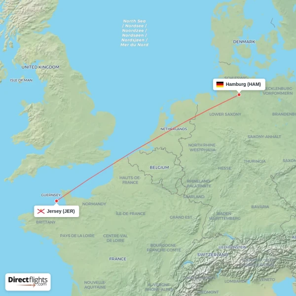 Hamburg - Jersey direct flight map