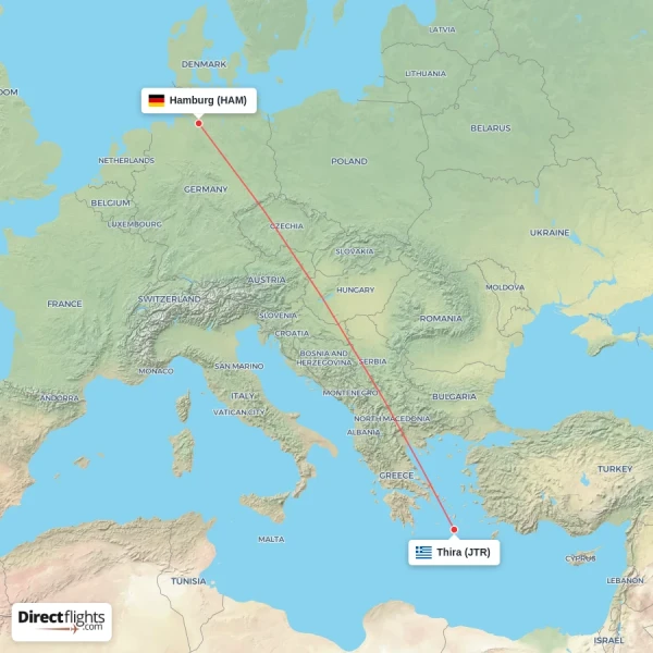Hamburg - Thira direct flight map