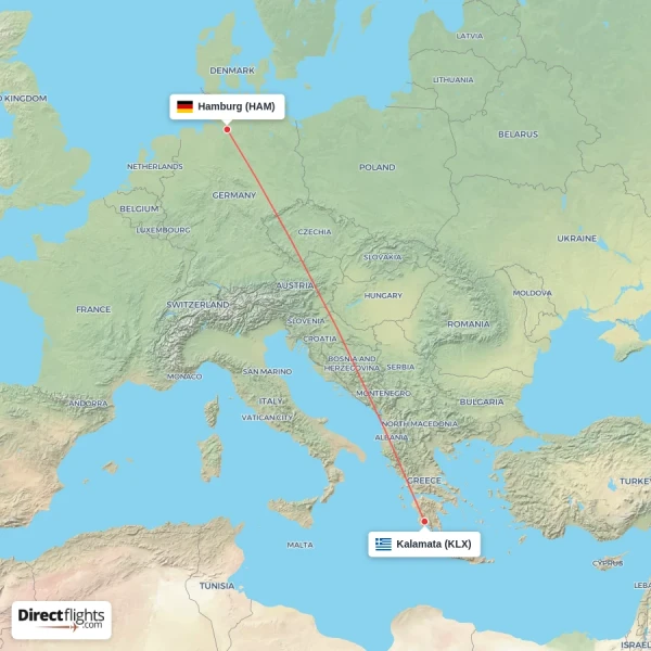 Hamburg - Kalamata direct flight map