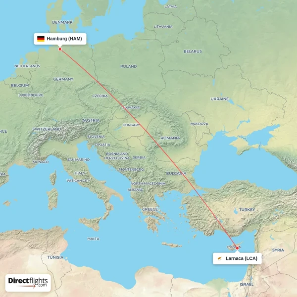 Hamburg - Larnaca direct flight map