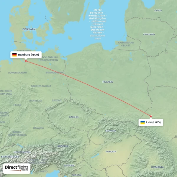 Hamburg - Lviv direct flight map