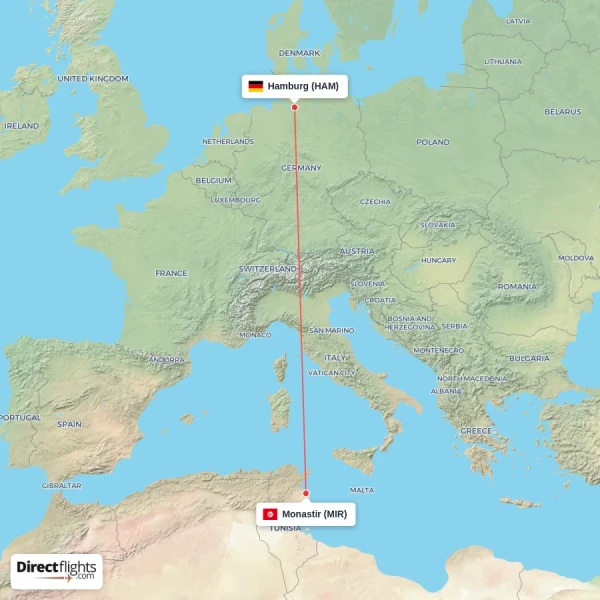 Hamburg - Monastir direct flight map