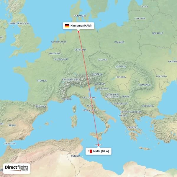 Hamburg - Malta direct flight map