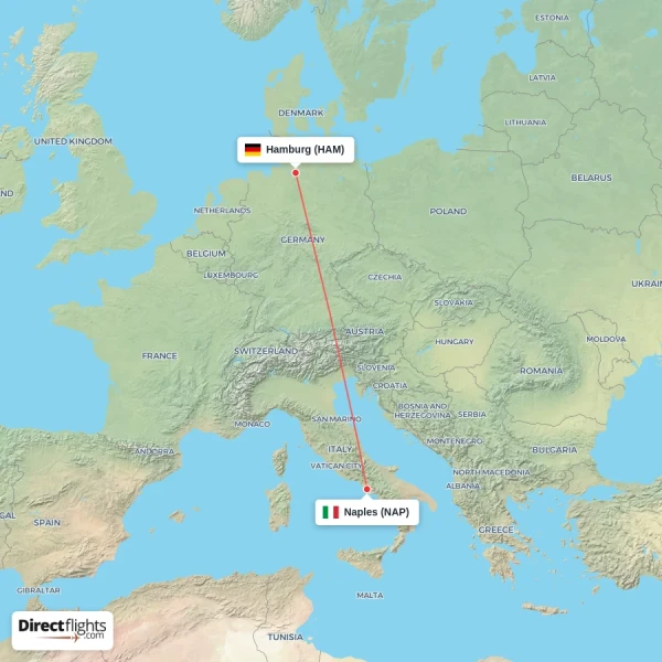 Hamburg - Naples direct flight map
