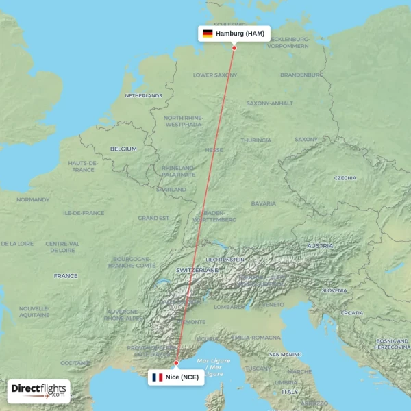 Hamburg - Nice direct flight map