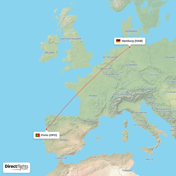 Hamburg - Porto direct flight map