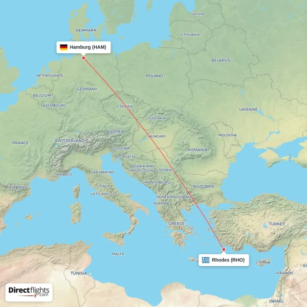 Hamburg - Rhodes direct flight map