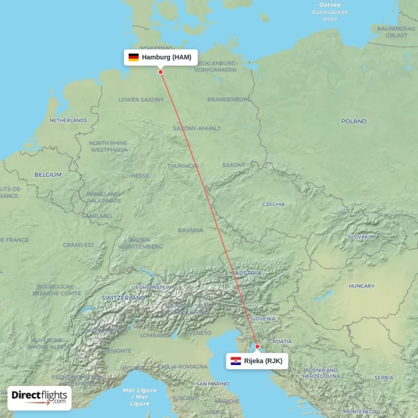 Hamburg - Rijeka direct flight map