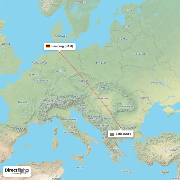 Hamburg - Sofia direct flight map