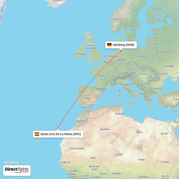 Hamburg - Santa Cruz De La Palma direct flight map