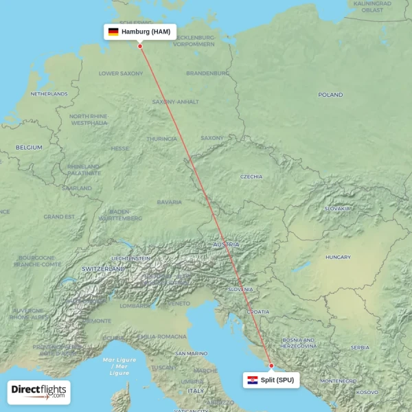 Hamburg - Split direct flight map
