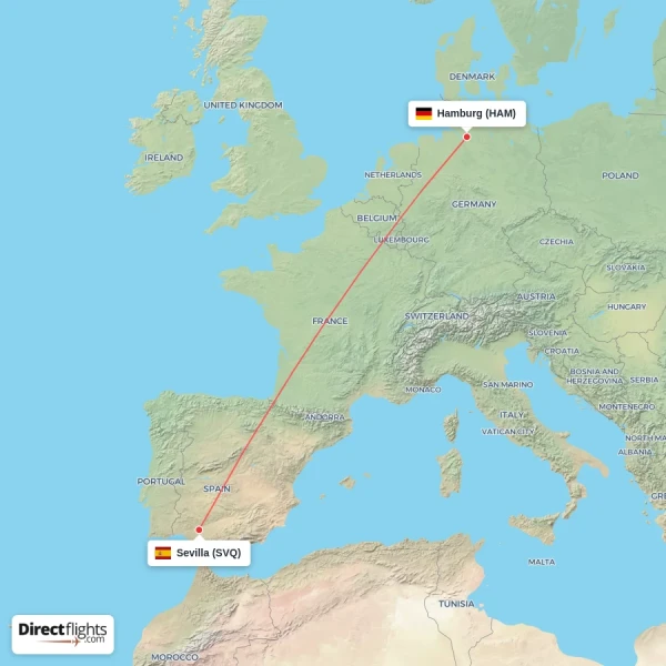 Hamburg - Sevilla direct flight map