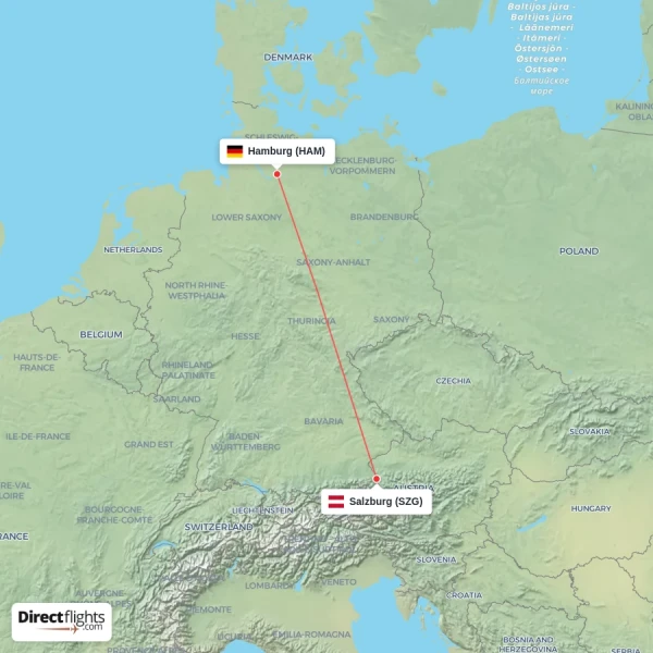 Hamburg - Salzburg direct flight map