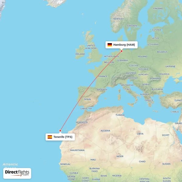 Hamburg - Tenerife direct flight map
