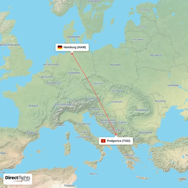 Hamburg - Podgorica direct flight map