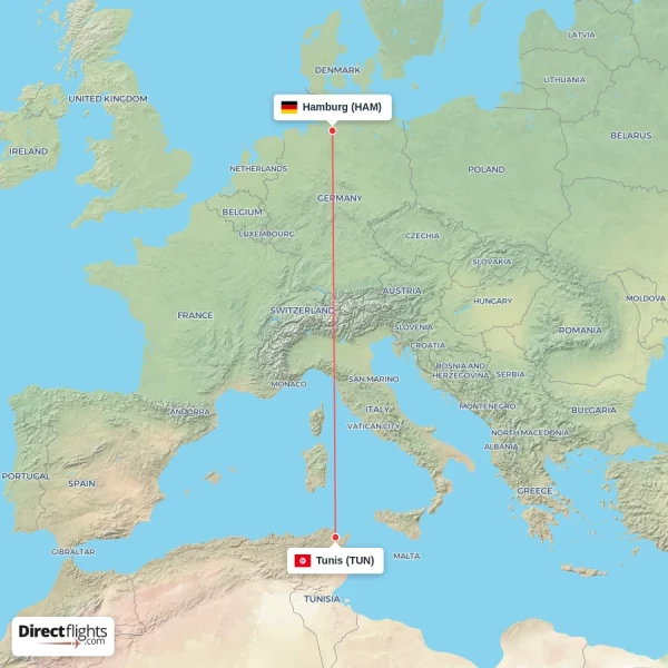 Hamburg - Tunis direct flight map