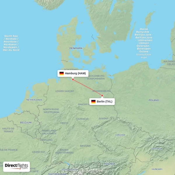 Hamburg - Berlin direct flight map