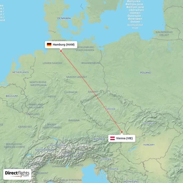 Hamburg - Vienna direct flight map
