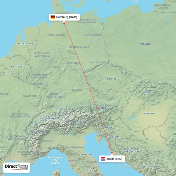 Hamburg - Zadar direct flight map