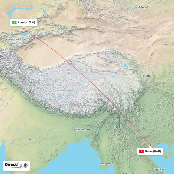 Hanoi - Almaty direct flight map
