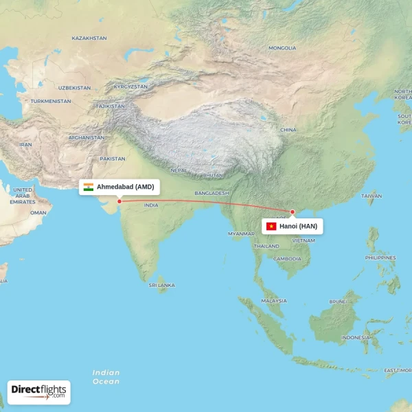 Hanoi - Ahmedabad direct flight map