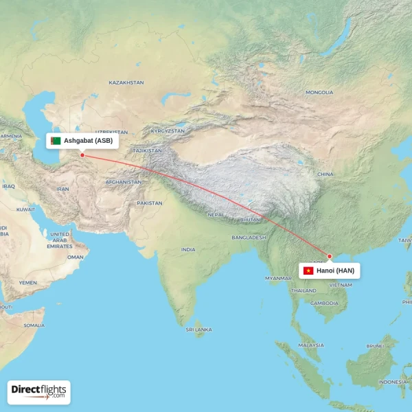 Hanoi - Ashgabat direct flight map