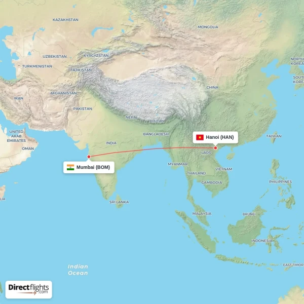 Hanoi - Mumbai direct flight map