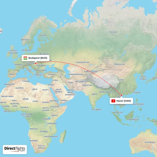 Hanoi - Budapest direct flight map